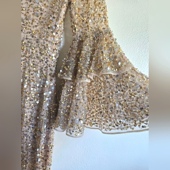 NWT! Mac Duggal, Fully Sequined Ruffle Tiered 3/4 Sleeve Midi Dress,Nude, SIZE 2 - Picture 9 of 12